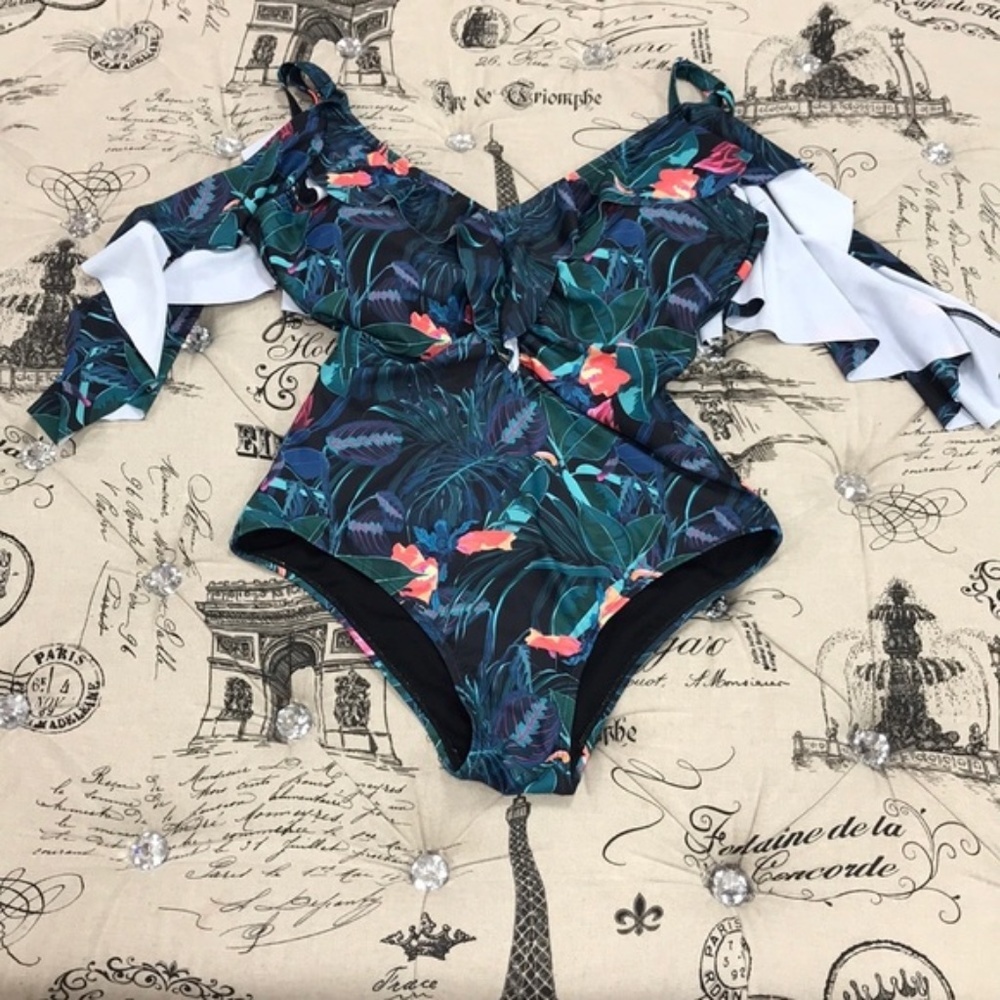 Nicole Miller Ruffled Cold Shoulder Swimsuit - Picture 3 of 7